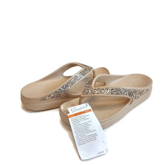 CROCS Sloane Glitter Wedge Flip Flops Womens Sz 9 Lightweight Sandals Chai Gold - Picture 9 of 9